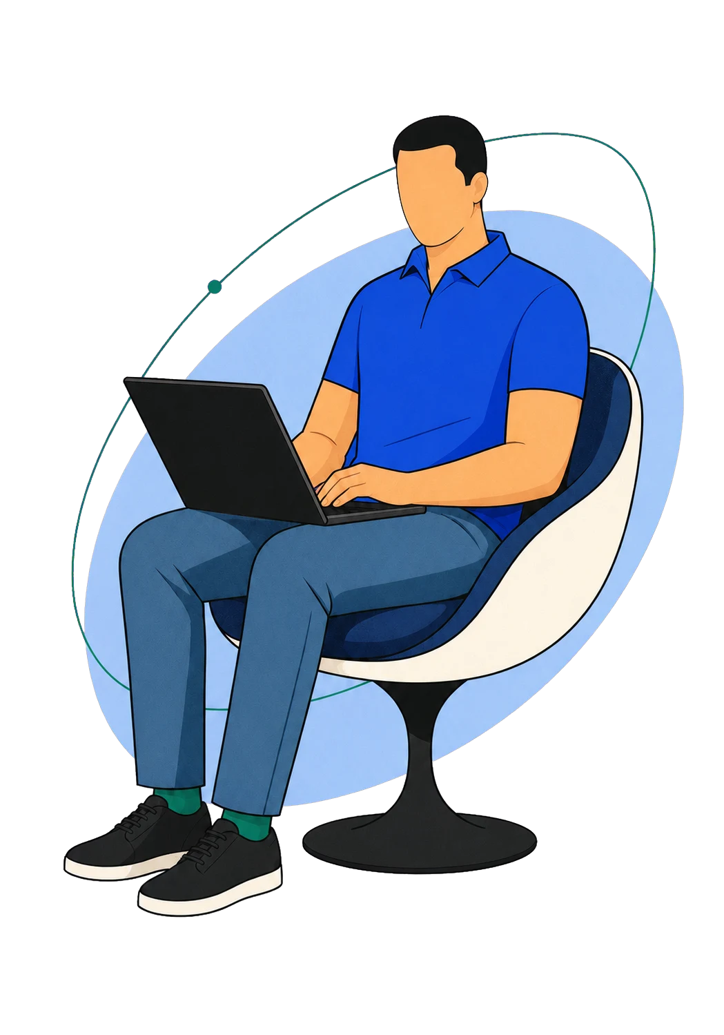 Illustration of a designer seated in a sculptural chair working on a laptop